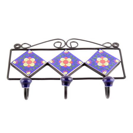  Navy Blue Yellow Floral Tiles Hooks